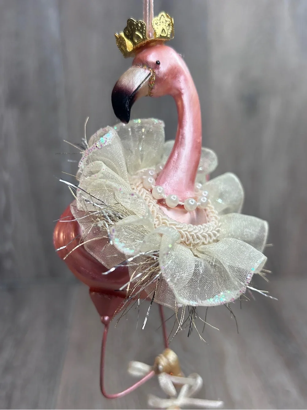 Vintage Pink Flamingo Ballerina Ornament with Cream Tulle Collar and Gold Crown
